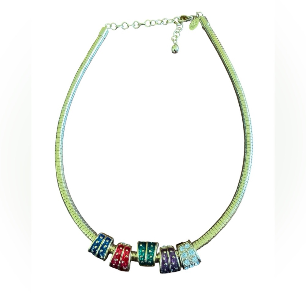 Joan River's Textured Gold/Swarovski Crystal-Enameled Reversible Charm Necklace